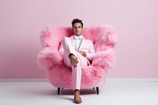 fashionable stylish man in a pink elegant suit on a pink fur chair. fashion concept, blogger content. Generative AI