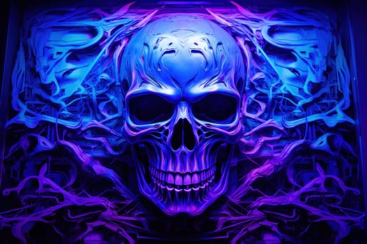 Skull in a blue neon glow. Halloween concept. Generative AI