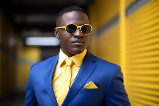 Street style clothes - fashionable stylish senior man in a bright extravagant blue suit on the street. fashion concept, blogger content,Generative AI