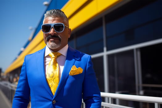 Street style clothes - fashionable stylish senior man in a bright extravagant blue suit on the street. fashion concept, blogger content.Generative AI
