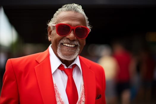 Street style clothes - fashionable stylish senior man in a bright extravagant red suit on the street. fashion concept, blogger content,Generative AI