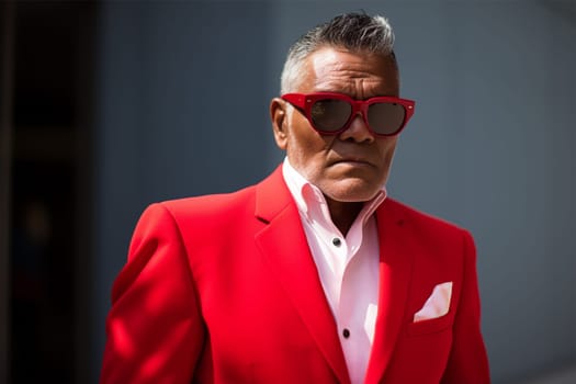 Street style clothes - fashionable stylish senior man in a bright extravagant red suit on the street. fashion concept, blogger content.Generative AI
