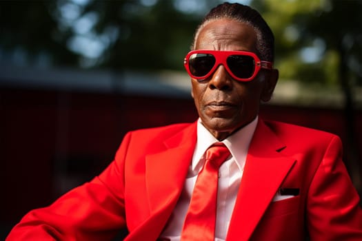 Street style clothes - fashionable stylish senior man in a bright extravagant red suit on the street. fashion concept, blogger content,Generative AI
