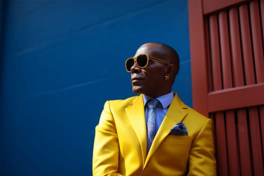 Street style clothes - fashionable stylish senior man in a bright extravagant yellow suit on the street. fashion concept, blogger content.Generative AI