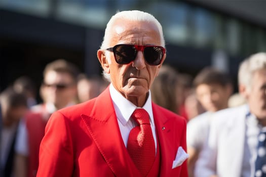 Street style clothes - fashionable stylish senior man in a bright extravagant red suit on the street. fashion concept, blogger content.Generative AI