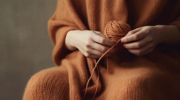 Woman's hands with balls of wool yarn. Hobby, leisure concept. historical and modern crafts.Generative AI