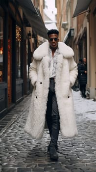 Street style clothing - fashionable African American man in a white elegant fur coat on the street. for Fashion Concept, Animal Welfare and Faux Fur, Content Blogger.Generative AI