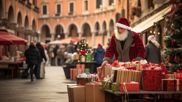A salesman dressed as Santa lays out gift boxes on a counter at a Christmas market. Christmas and New Year holiday concept. Generative AI