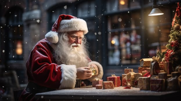 Santa lays out gift boxes on the table.final preparations on Christmas Eve. Generative AI