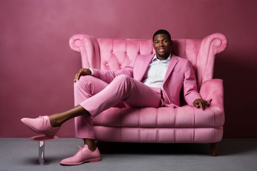 fashionable stylish man in a pink elegant suit on a pink fur chair. fashion concept, blogger content. Generative AI