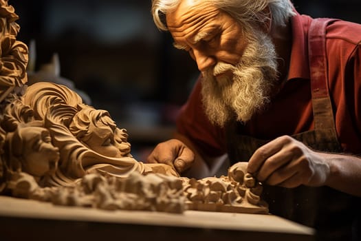 Tired hands of a carpenter perform wood carving. Heritage Craft.Exclusive Artist Work.Generative AI