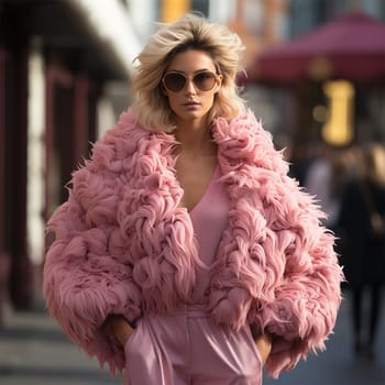 Street style clothing - fashionable young woman in an extravagant pink fur coat on the street.Generative AI