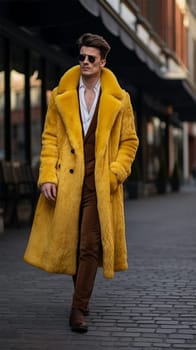 Street clothing style is a fashionable person in an extravagant fur coat after showing a mod on the street.Generative AI
