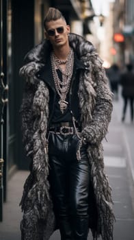 Street clothing style is a fashionable person in an extravagant fur coat gothic style on the street.Generative AI
