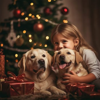 A girl with her favorite dogs and a Christmas tree with gifts, Christmas and New Year holiday concept. gifts for Christmas. Generative AI