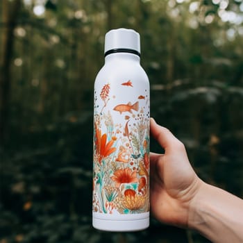 Reusable plastic bottle in hand on a background of nature. bottle and recyclable plastic, eco-friendly materials.Generative AI