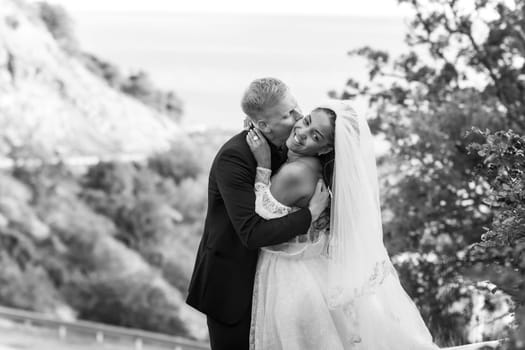 Happy newlyweds kiss passionately against the backdrop of a beautiful mountain landscape, black and white version