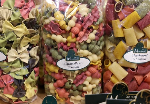 Cracow, Poland - November 3, 2021: Variety of types, shapes and colors of Italian pasta at Enoexpo and Gastrofood - Trade Fair for Food and Drinks for Catering