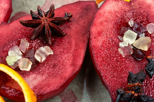 Autumn spicy pears in wine, sweet poached pears in red wine. Healthy sweet dessert.