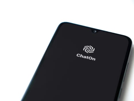 Lod, Israel - July 16,2023: ChatOn app launch screen on smartphone on white background. Top view flat lay with copy space.