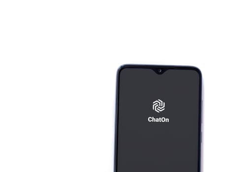 Lod, Israel - July 16,2023: ChatOn app launch screen on smartphone on white background. Top view flat lay with copy space.