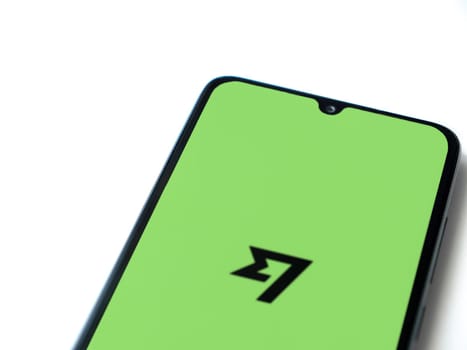 Lod, Israel - July 16,2023: Wise app launch screen on smartphone on white background. Top view flat lay with copy space.