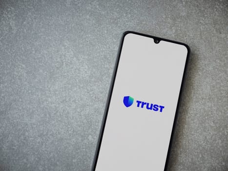 Lod, Israel - July 16,2023: Trust Wallet app launch screen on smartphone on ceramic stone background. Top view flat lay with copy space.