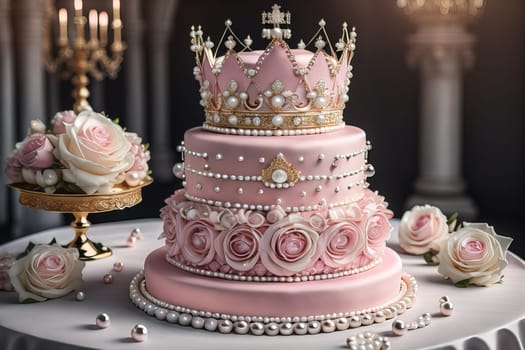 Wedding cake decorated with pink roses and gold crown on the table. ai generative