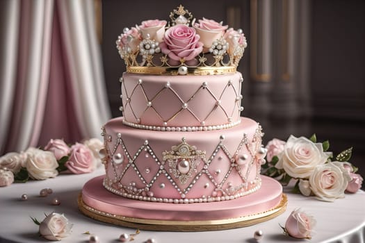 Wedding cake decorated with pink roses and gold crown on the table. ai generative