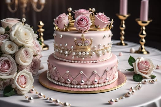 Wedding cake decorated with pink roses and gold crown on the table. ai generative