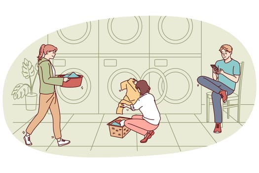 People washing clothes in public laundry. Men and women clean clothing in laundromat. Vector illustration.