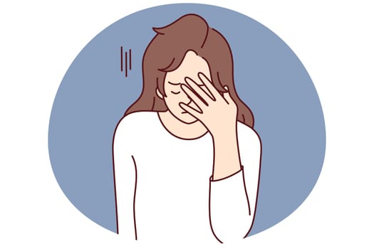 Unhappy young woman make hand gesture suffer from bad news. Upset female struggle with migraine or headache. Vector illustration.