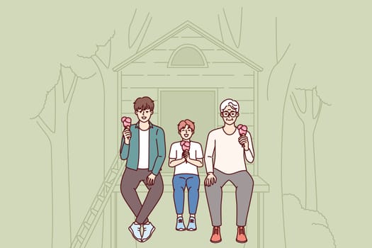 Generational succession of son, father and grandfather eating ice cream together sitting in tree house. Three generations of men are relaxing together in park and talking, enjoying taste cold dessert