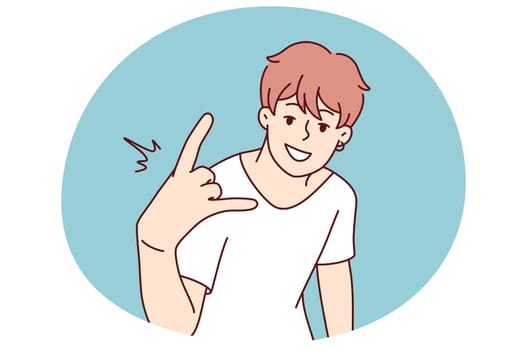 Cool young man show hand gesture. Smiling millennial guy demonstrate sign or symbol. Youth culture concept. Vector illustration.