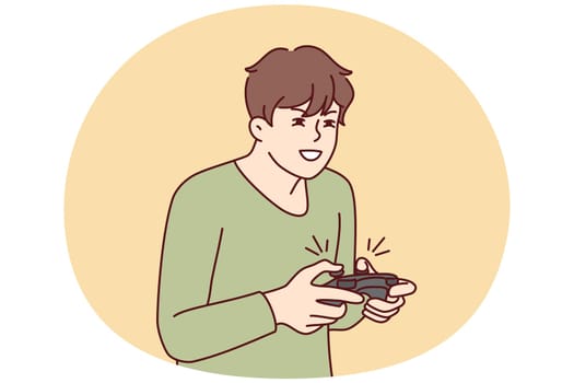 Guy with joystick playing computer games at home. Young man with joypad have fun engaged in videogame. Addiction and hobby. Vector illustration.