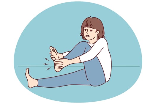 Unhealthy woman suffer from cramp in leg. Unwell female struggle with pain in sole. Healthcare and medicine. Vector illustration.