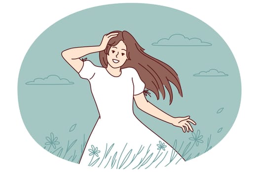 Happy young woman walking in summer field enjoying goo day. Smiling girl in countryside have recovery from mental illness. Vector illustration.