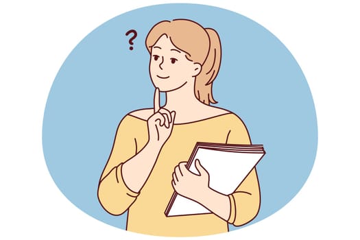 Pensive young woman with documents make decision or plan. Thoughtful girl thinking and brainstorming. Vector illustration.