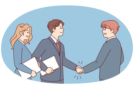 Smiling businesspeople shake hands get acquainted at meeting. Happy business partners handshake close deal or make agreement. Vector illustration.