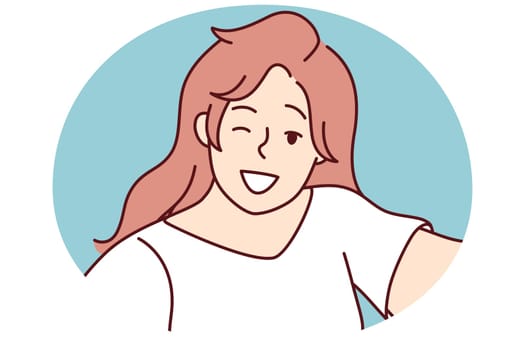 Smiling young woman make selfie on camera. Happy girl have fun take self-portrait picture on cellphone. Vector illustration.