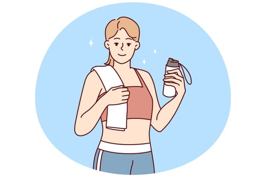 Portrait of smiling toned young woman in sportswear follow healthy lifestyle do sports. Happy sportive fit girl show good figure after workout. Vector illustration.