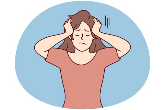 Unhappy woman suffer from repetitive thoughts. Upset girl struggle with overthinking struggle with mental psychological problems. Vector illustration.