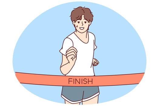 Young man in sportswear running finish race first. Smiling male athlete or sportsman participate in sport competition. Vector illustration.