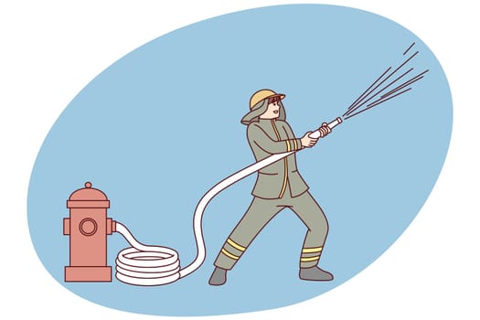 Male fireman with hose pouring water on burning building or house. Man fire fighter in uniform working on emergency site. Firefighting concept. Vector illustration.
