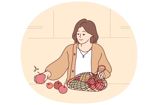 Woman unpacking bag with fresh fruits and vegetables. Smiling female shopping for organic products follow healthy nutrition diet. Vector illustration.