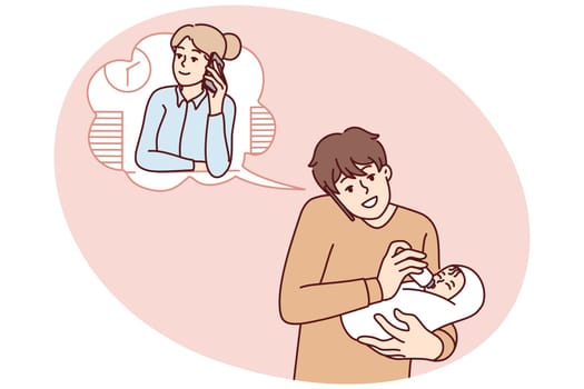 Young father feed baby infant talk with wife working in office on phone. Caring dad with child in hands have call with businesswoman mom. Vector illustration.