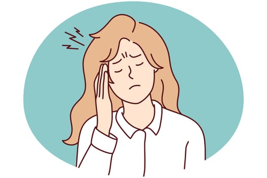 Unhappy young woman suffer from migraine or headache. Unhealthy girl struggle with head spasm having health problems. Medicine and healthcare. Vector illustration.