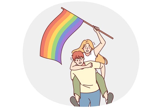 Happy couple with LGBT flag. Smiling man and woman showing support on pride parade. Homosexuality and love freedom. Vector illustration.