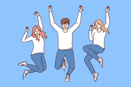 Happy people jump for joy and raise hands in victory, rejoicing at success in career or education. Cheerful man and women in casual clothes jumping and smiling at same time looking at screen
