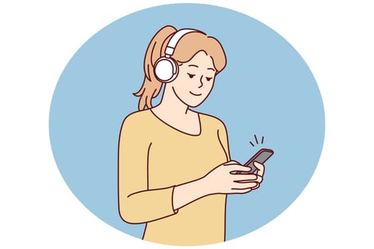 Happy young woman in headphones listen to music on smartphone. Smiling girl in earphones enjoy good quality sound on cellphone. Vector illustration.